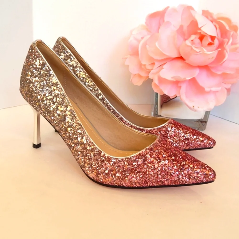 NEW ! Women's glamorous pink silver glitter high heels pumps Wedding Party Prom